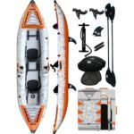 2 Person Inflatable Kayak Tandem Fishing Kayak for Adults, Portable Touring Kayak Canoe with Dual Floats, Drop-Stitch Floor, Fishing Rod Holder and Fish Measuring Ruler, 12.5 FT